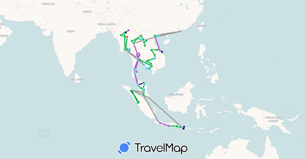 TravelMap itinerary: driving, bus, plane, train, hiking, boat in Hong Kong, Indonesia, Cambodia, Laos, Myanmar (Burma), Malaysia, Singapore, Thailand, Vietnam (Asia)